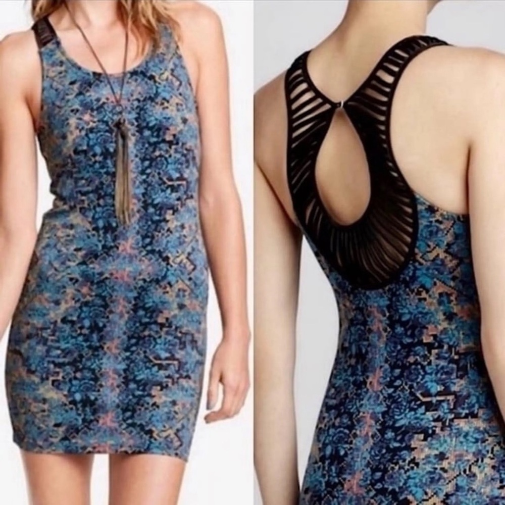 Beautiful Free People Digital Damsel Floral Pixels Bodycon Strappy Dress Medium
